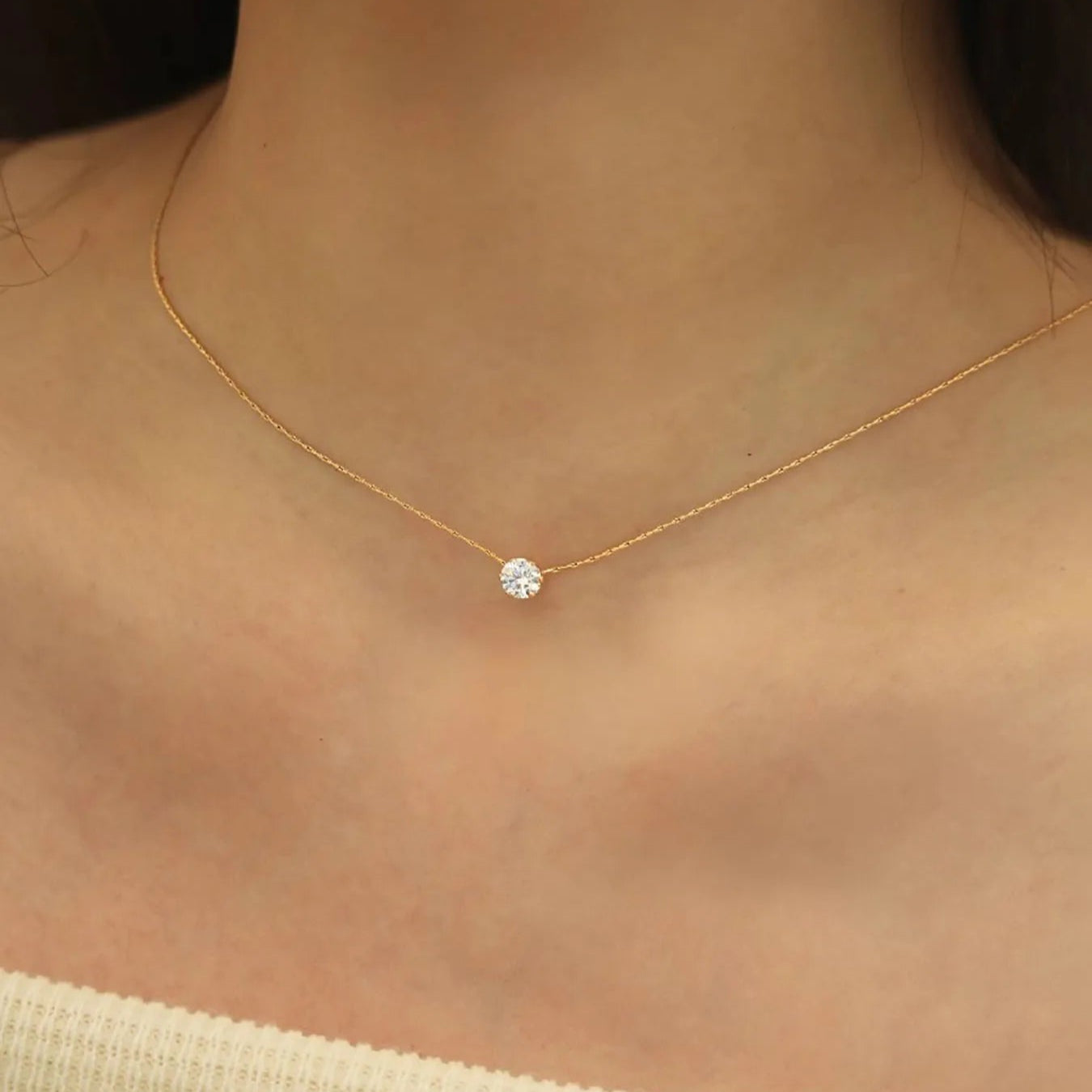 Peri'sBox-Dainty Minimalista Solitaire Zircão Charme Colar, Anti-Manchar Cadeia de Aço Inoxidável, Round Clear Cz Pedra, Novo