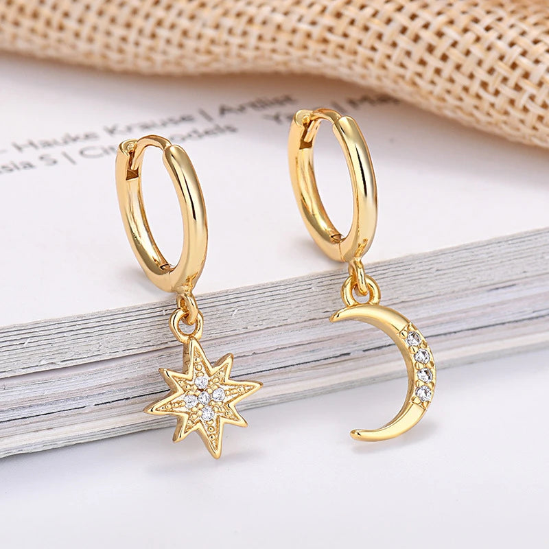 Minimalista cristal zircônia estrelas lua huggie hoop brincos para mulheres na moda círculo de aço inoxidável brincos punk rock jóias